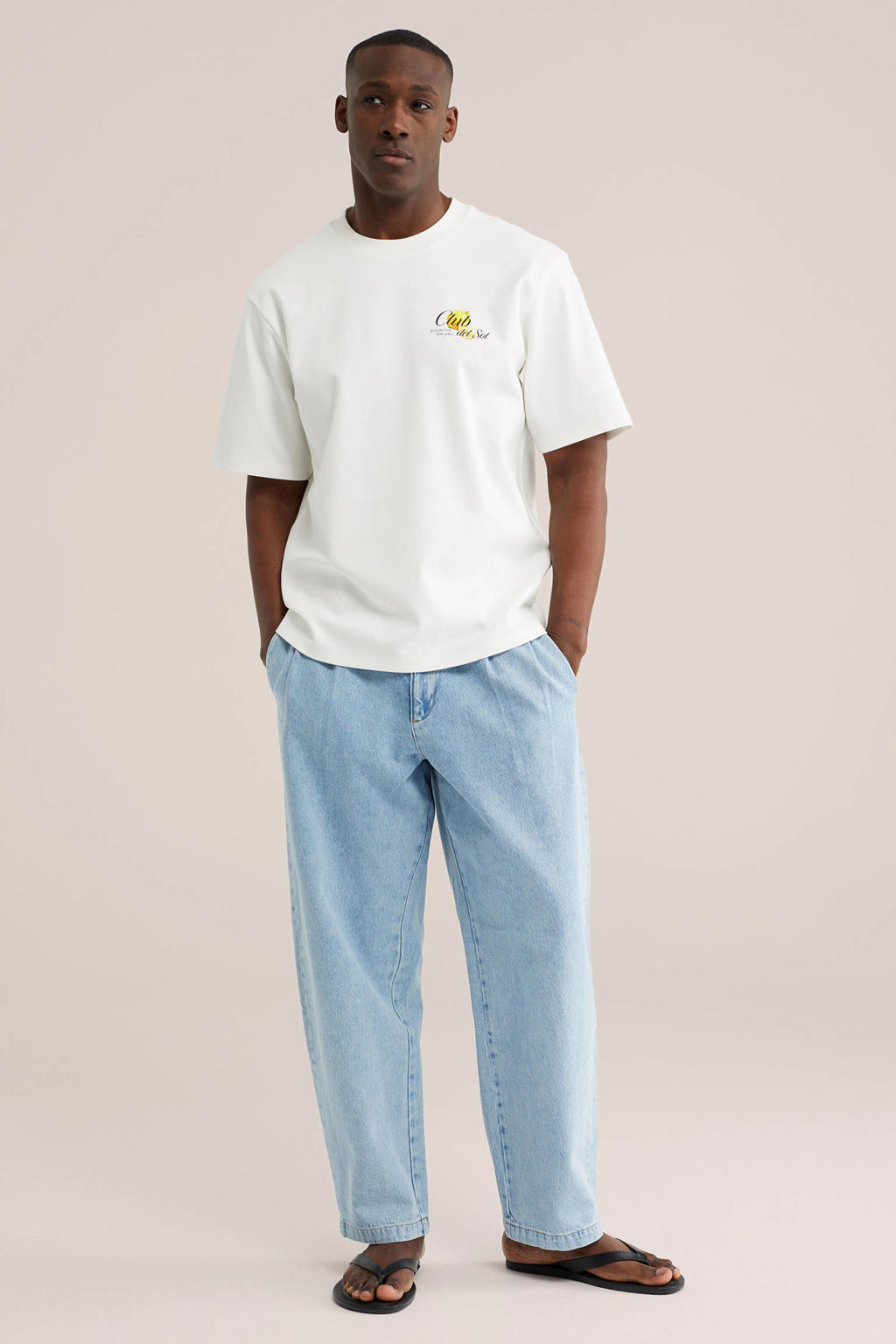 Ecru heren WE Fashion oversized T-shirt van katoen met backprint, korte mouwen en ronde hals