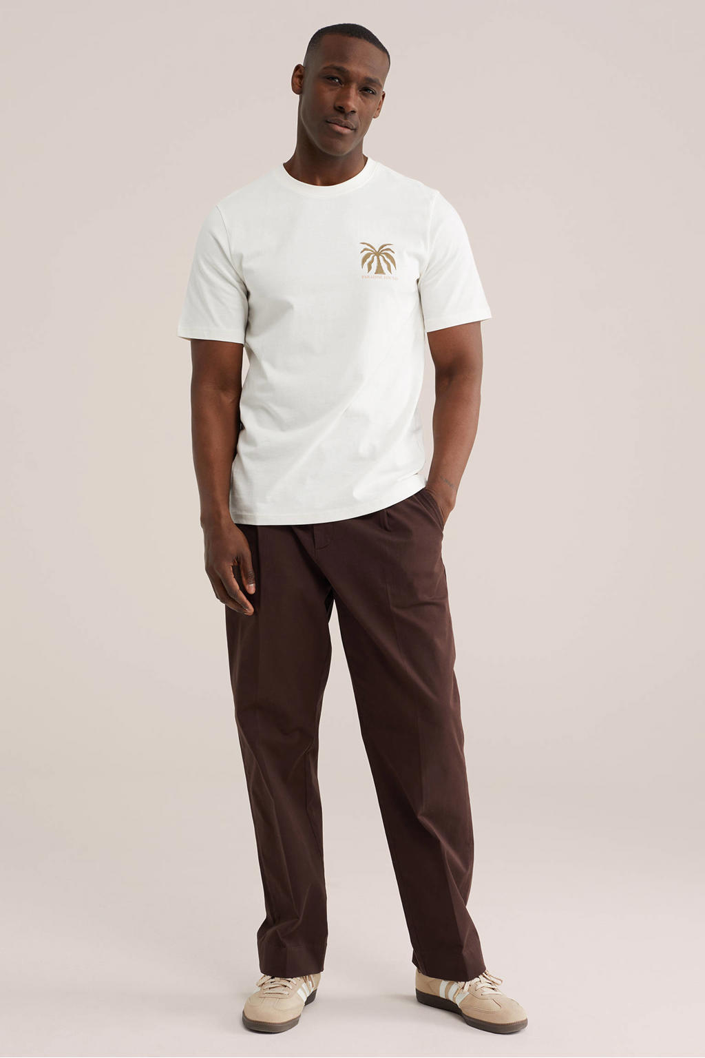 Ecru heren WE Fashion regular fit T-shirt van katoen met korte mouwen en ronde hals