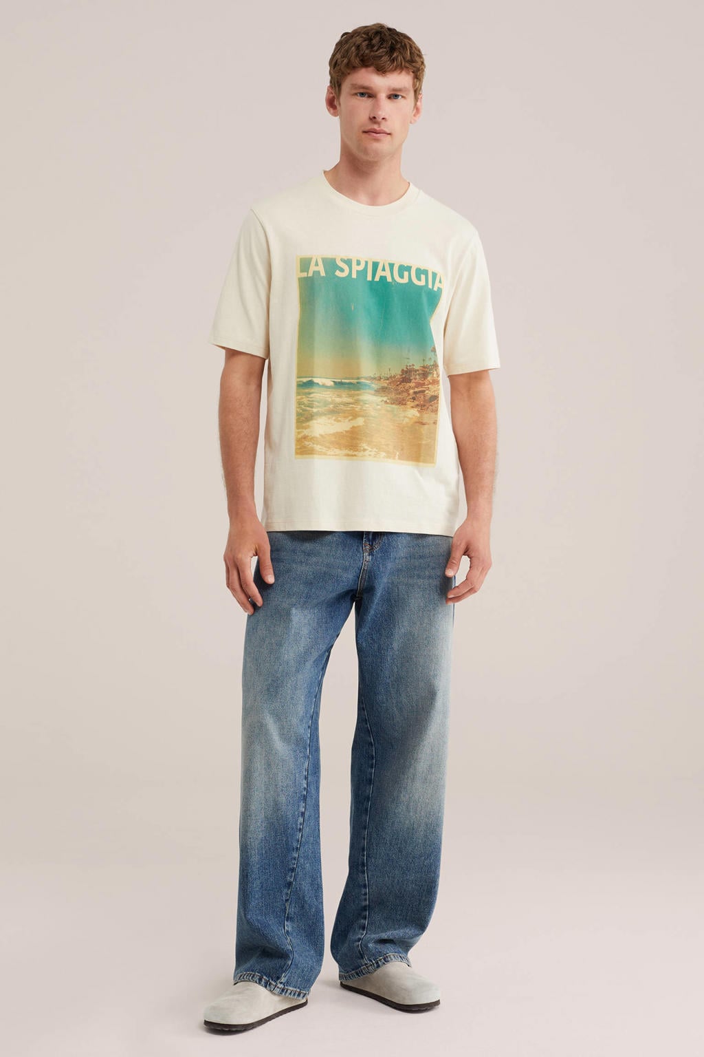 Beige heren WE Fashion relaxed fit T-shirt van katoen met korte mouwen en ronde hals