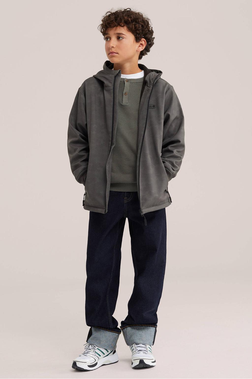 Antraciete jongens WE Fashion softshell jas van polyester met effen, lange mouwen, capuchon en ritssluiting