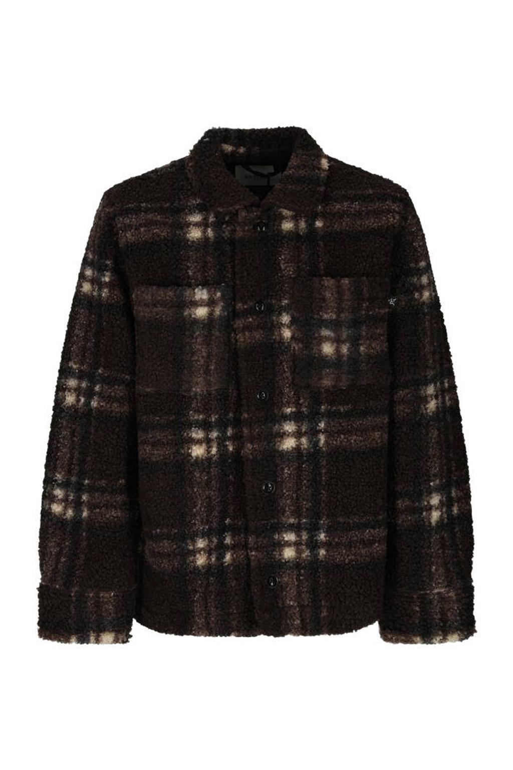Donkerbruin, bruin en ecru jongens Retour Jeans van teddy materiaal met ruitenprint, lange mouwen, klassieke kraag en knoopsluiting