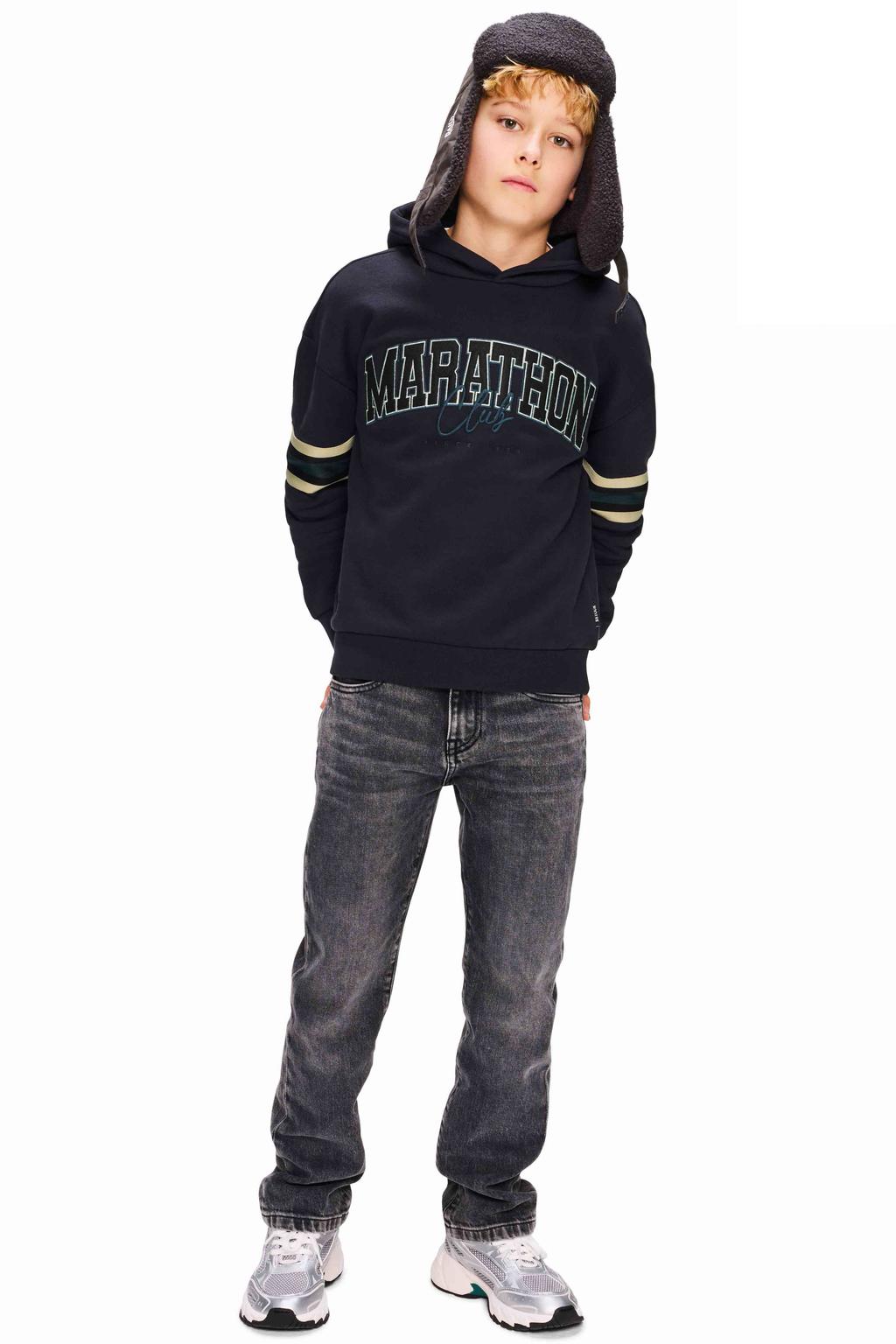 Grijze jongens Retour Jeans hoodie van katoen met tekst print, lange mouwen en ronde hals