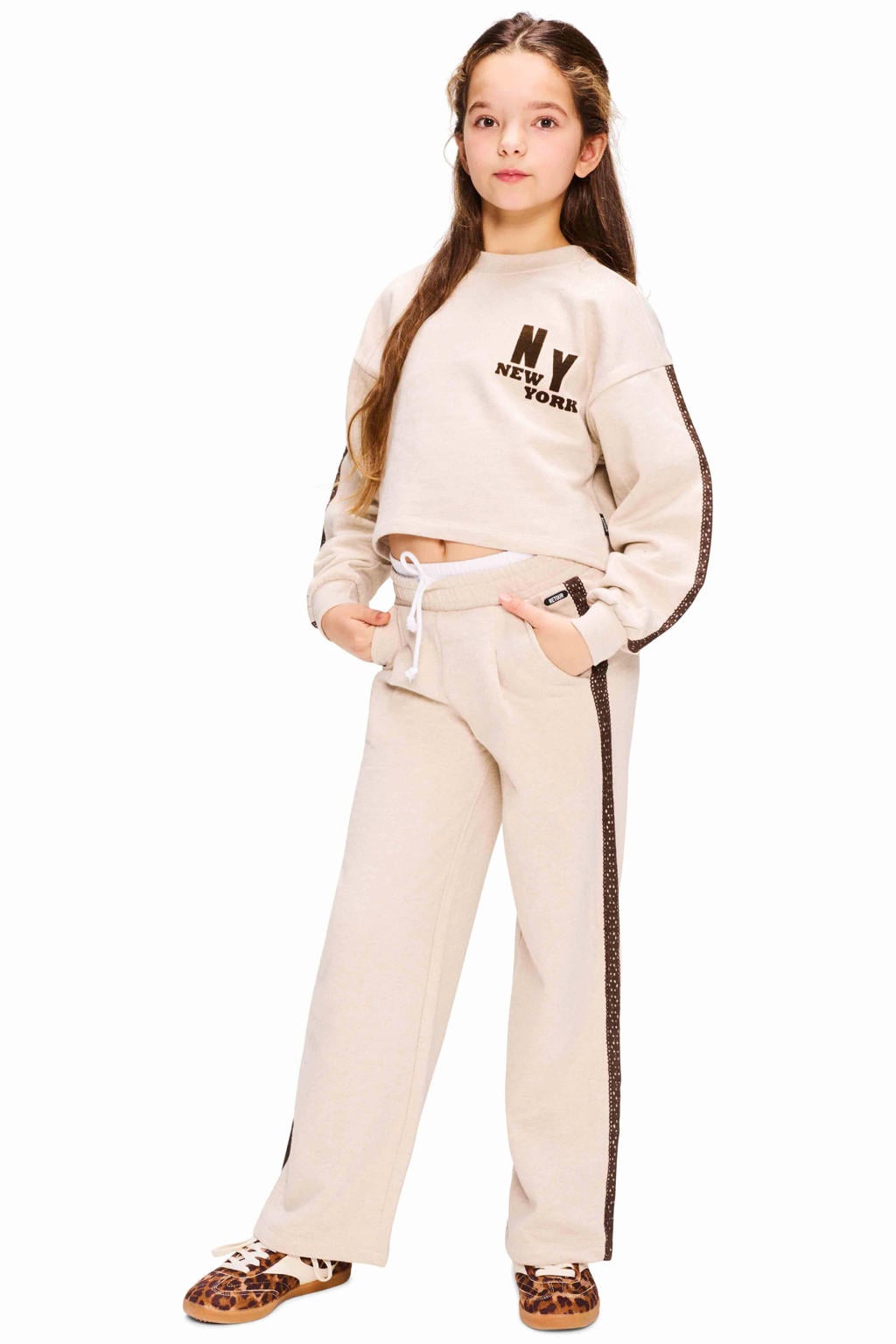 Zand en bruine meisjes Retour Jeans wide leg joggingbroek van sweat materiaal met effen