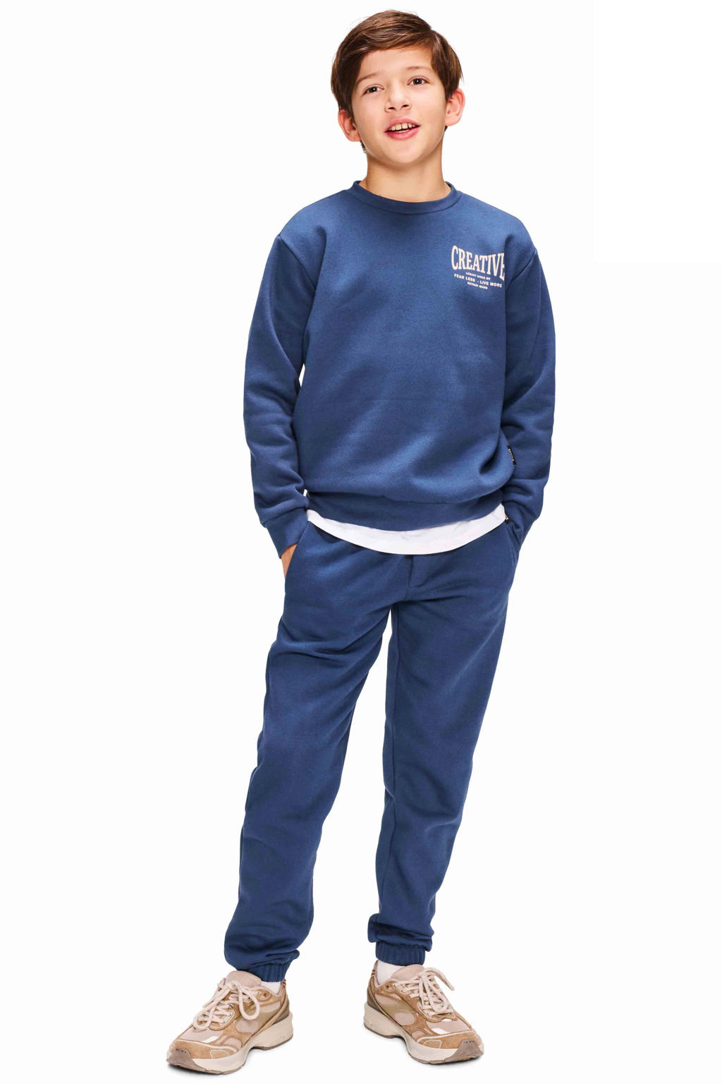 Donkerblauwe jongens Retour Jeans regular fit joggingbroek van sweat materiaal met effen
