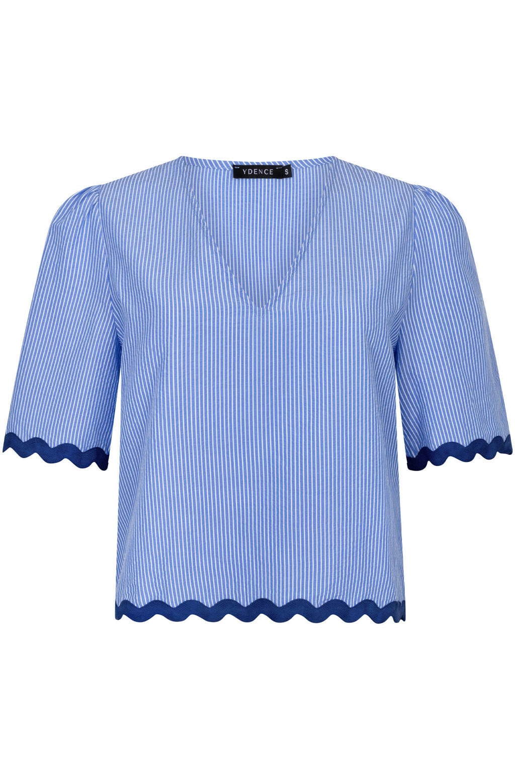 Blauw en ecru dames Ydence gestreepte blousetop van polyester met half lange mouwen, V-hals en golvende afwerking