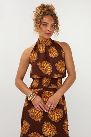 haltertop met open rug en print - bruin