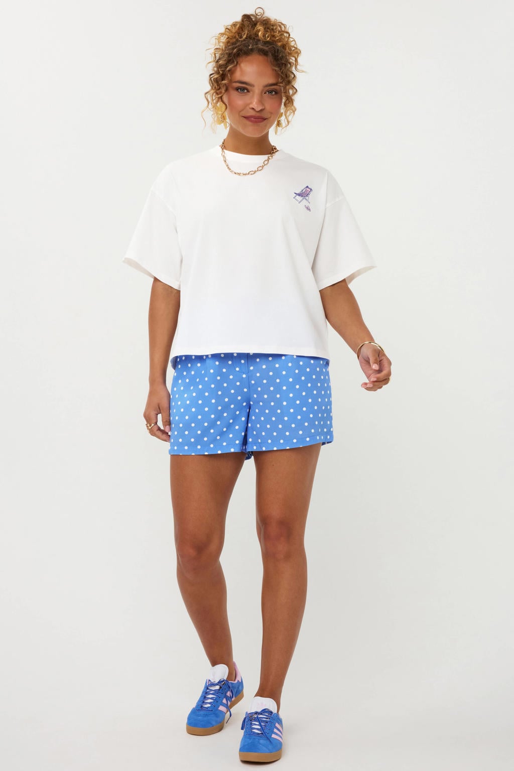 Wit en blauwe dames Ydence T-shirt van katoen met backprint, korte mouwen en ronde hals