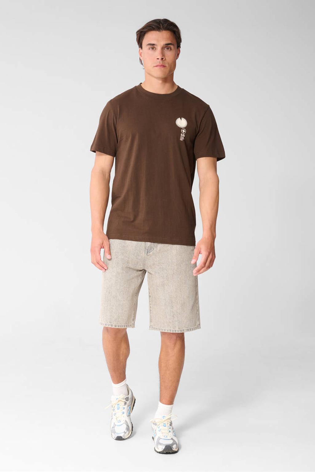 Donkerblauwe heren Shoeby regular fit T-shirt van katoen met logo dessin, korte mouwen en ronde hals