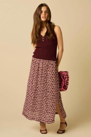 midi rok met print - donkerrood