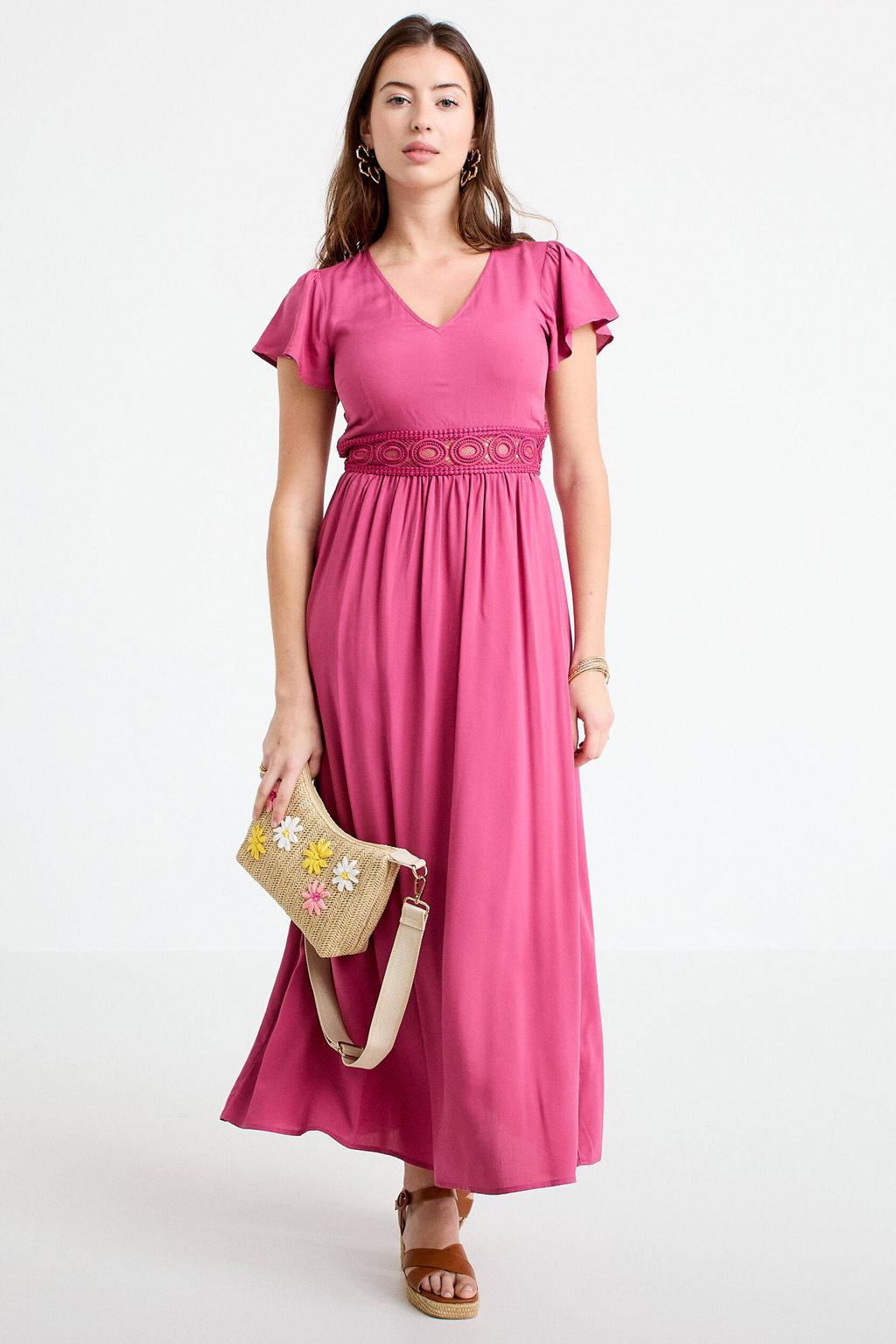 Roze dames Cache Cache broderie midijurk van viscose met effen, korte mouwen, V-hals en knoopsluiting