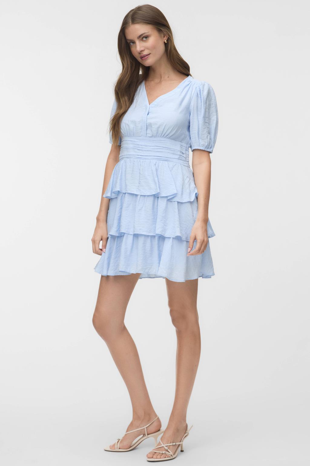 Lichtblauwe dames VERO MODA mini jurk van viscose met effen, korte mouwen, V-hals en geweven detail
