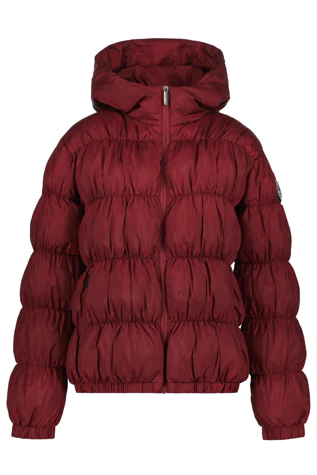 Donkerrode dames Luhta Aakajoki gewatteerde jas van polyester met lange mouwen, capuchon en ritssluiting