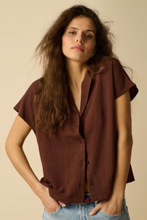 blouse met linnen - bruin