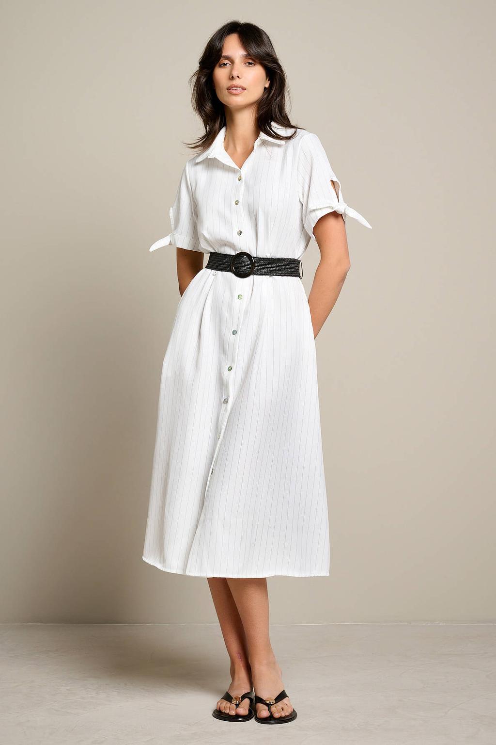 Ecru dames LOLALIZA gestreepte blousejurk van polyester met korte mouwen, klassieke kraag, knoopsluiting en ceintuur