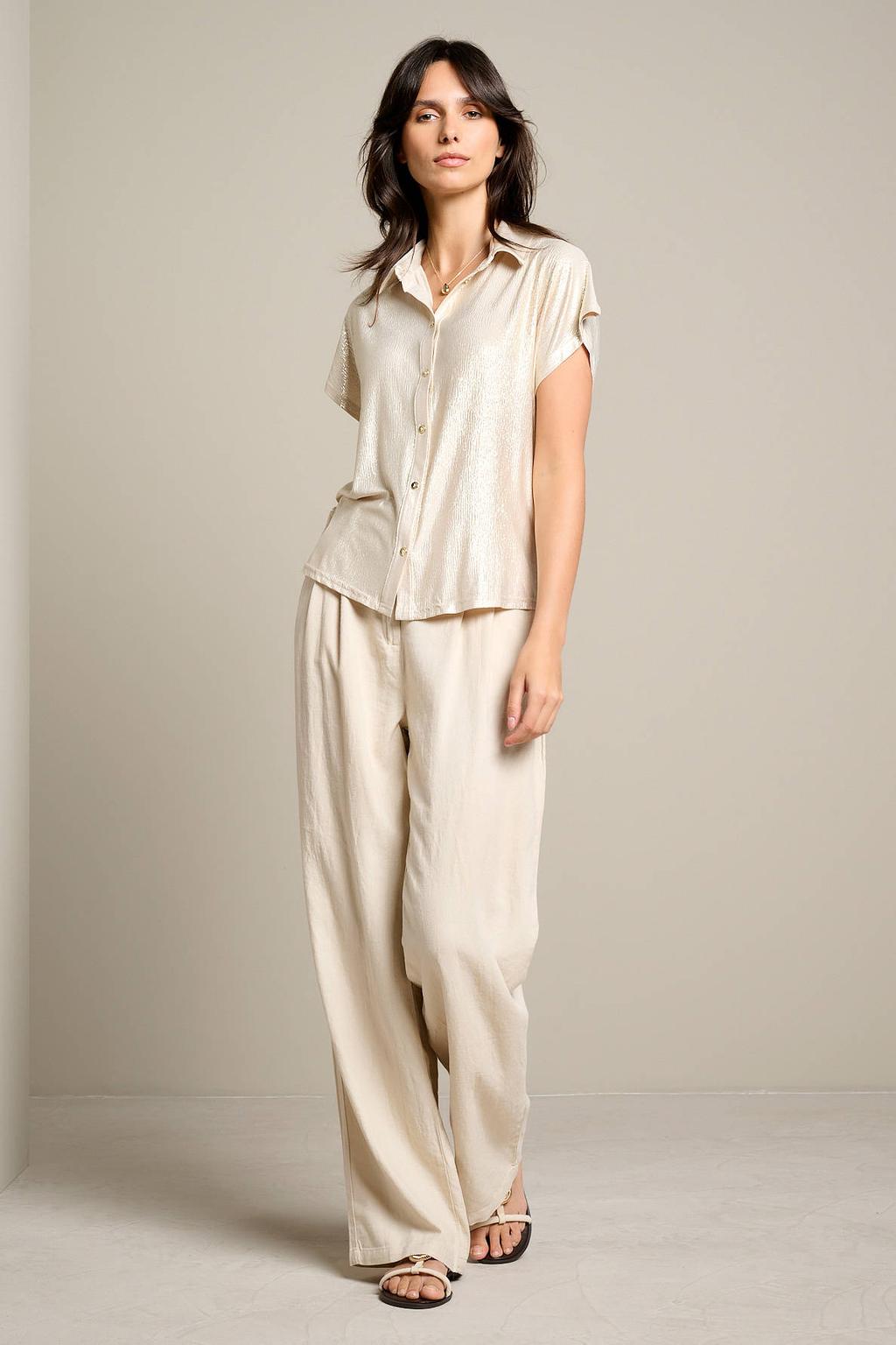 Bronzen dames LOLALIZA blouse van polyester met effen, korte mouwen, klassieke kraag, knoopsluiting en lurex