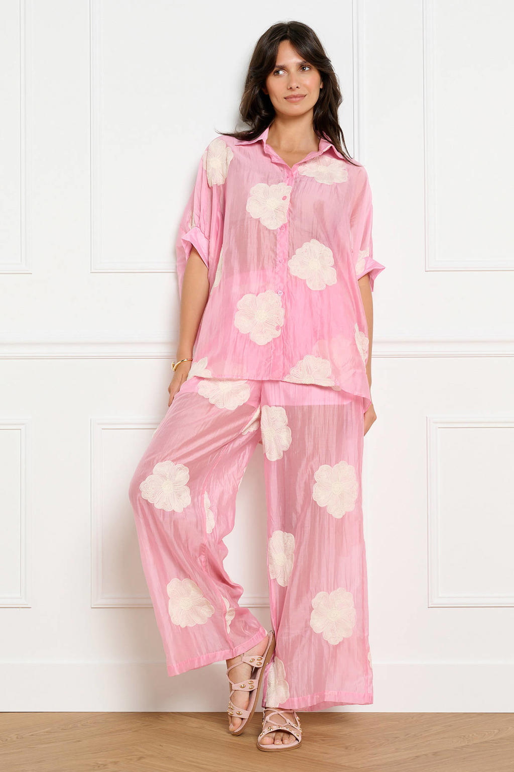 Roze en ecru dames LOLALIZA wide leg fit broek van viscose