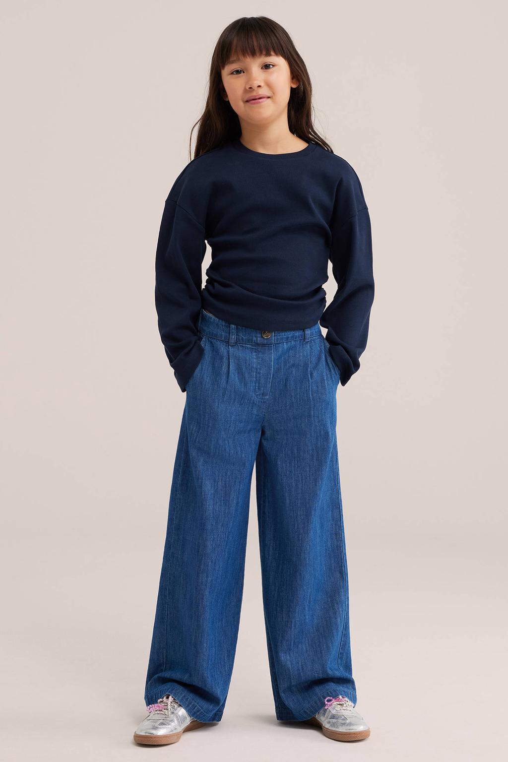 Marineblauw meisjes WE Fashion gebreide top blauw met effen, lange mouwen en ronde hals