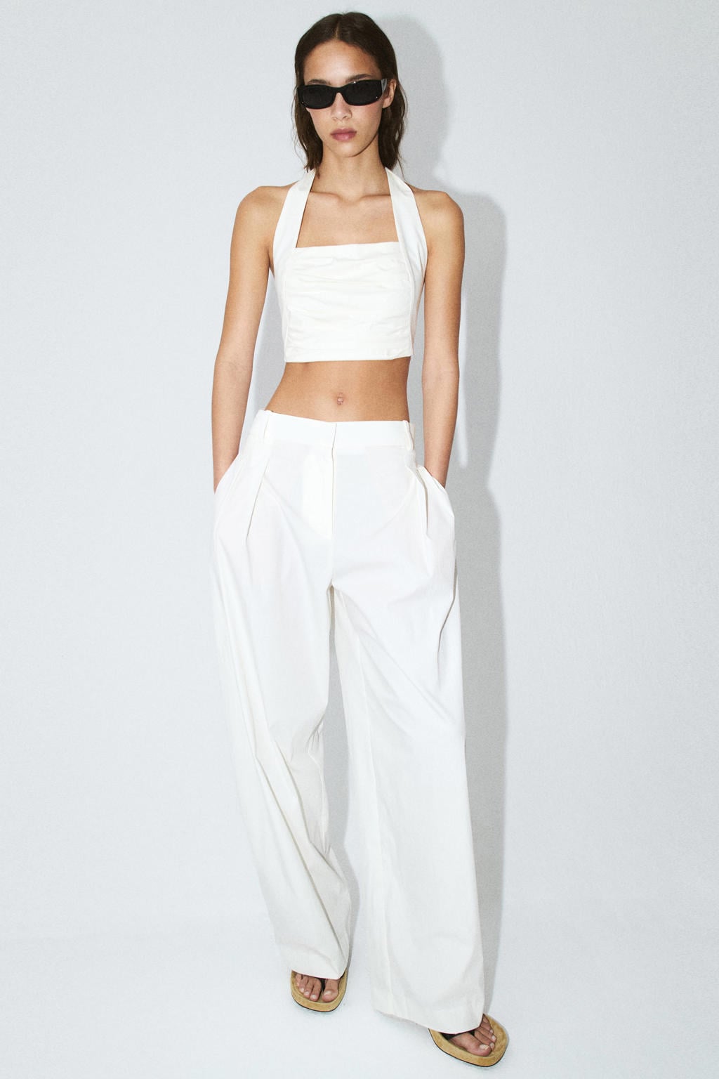 Witte dames Mango straight high waist broek van katoen met rits, haak- en knoopsluiting en effen