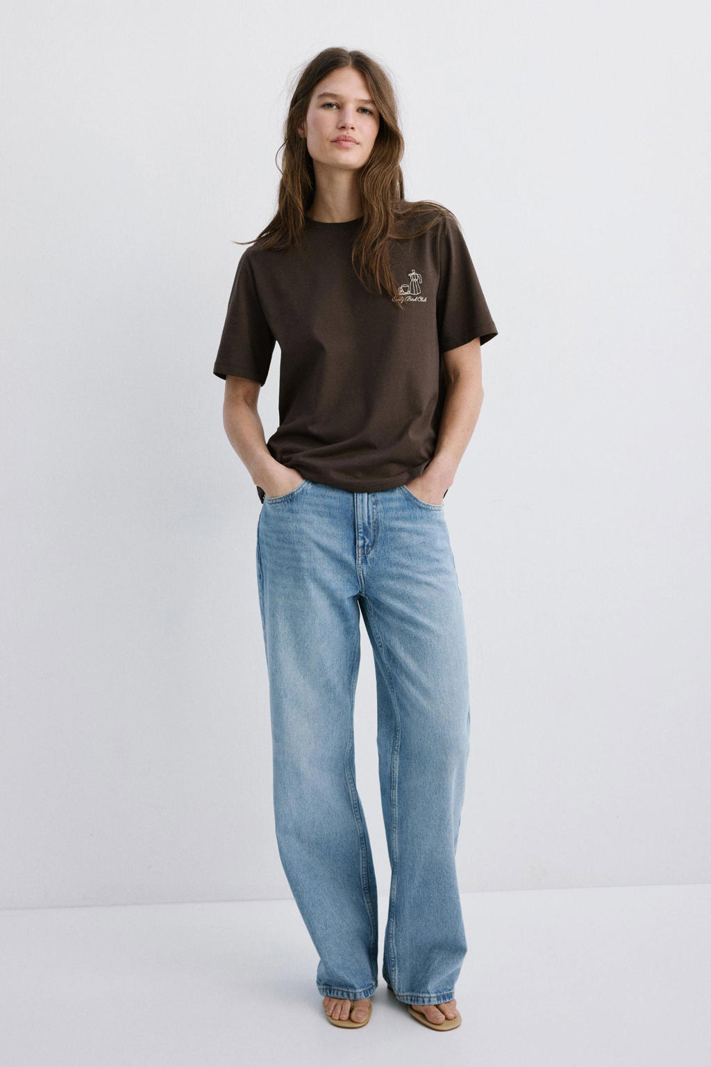 Bruin en ecru dames Mango T-shirt van katoen met effen, korte mouwen, ronde hals en borduursels
