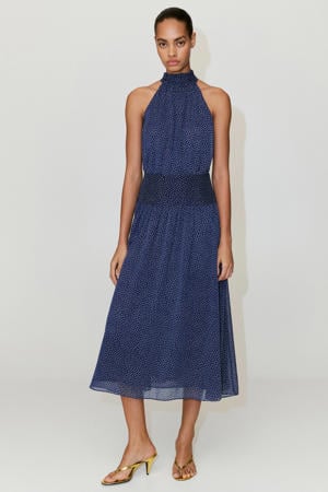midi halter zomerjurk met stippen - blauw