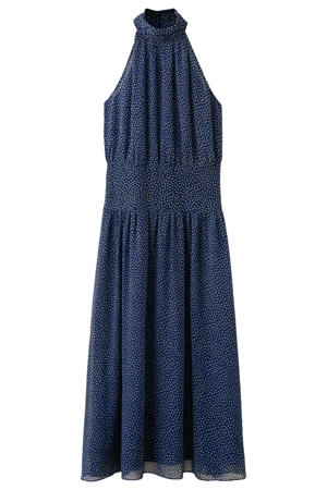 midi halter zomerjurk met stippen - blauw