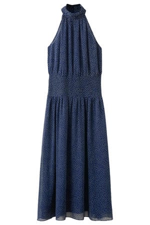 midi halter zomerjurk met stippen - blauw