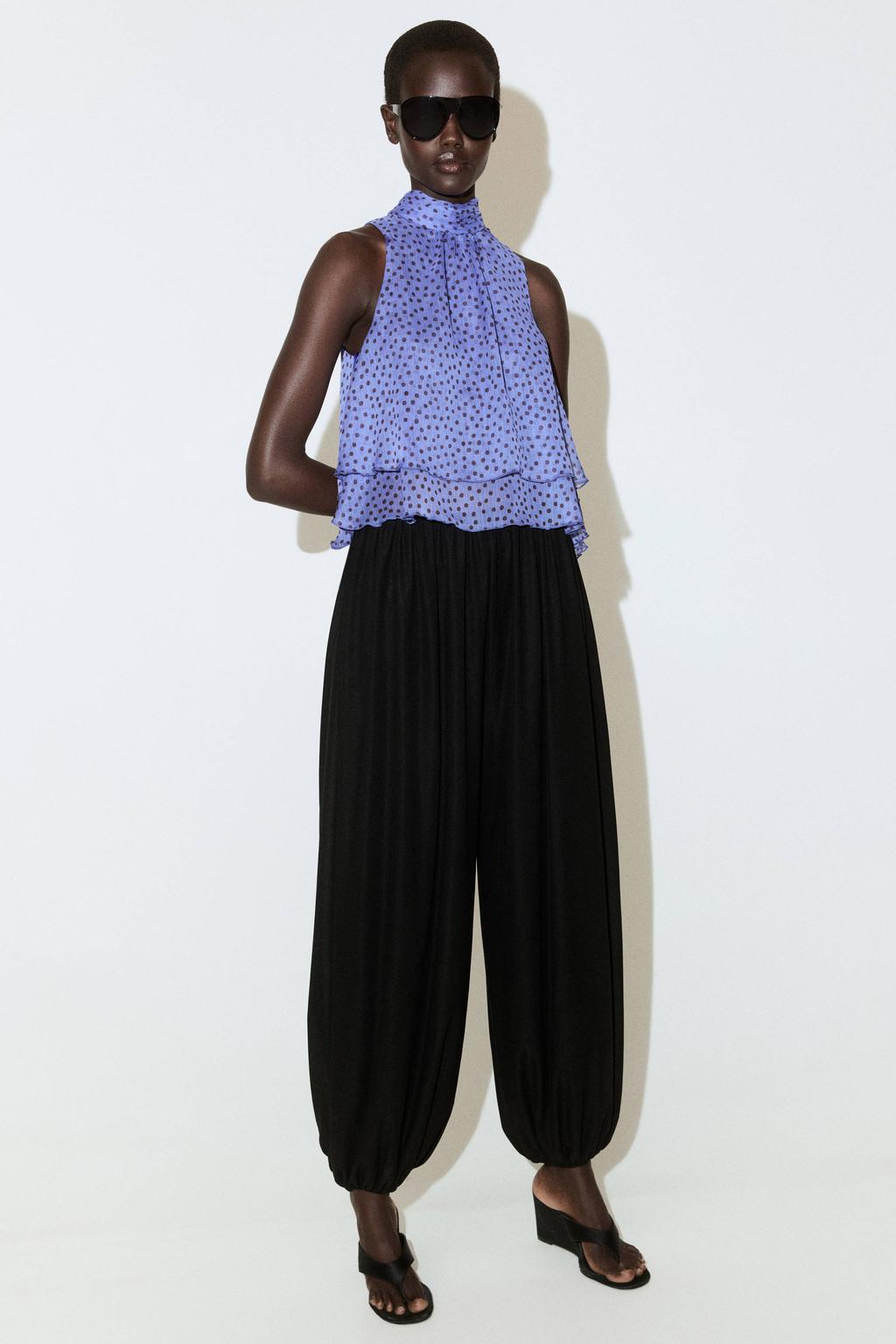 Blauw en zwarte dames Mango top en ruches van polyester met stippenprint