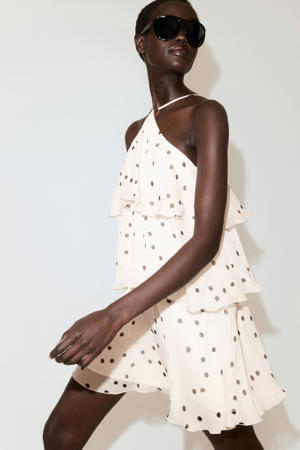 halter mini jurk met stippen en ruches - ecru