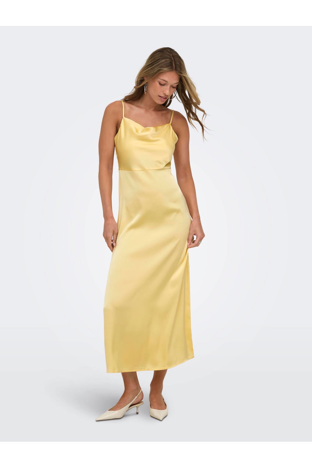 Gele dames ONLY midi jurk van polyester met effen, vierkante hals en geweven detail