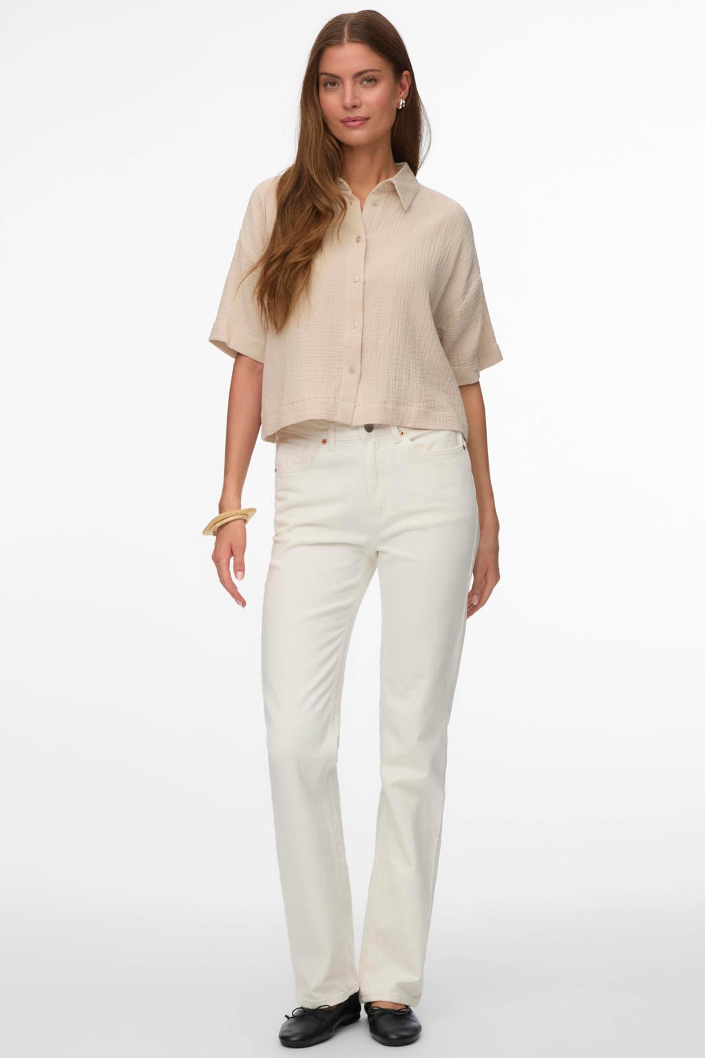 Beige dames VERO MODA blouse met effen, korte mouwen, klassieke kraag, knoopsluiting en geweven detail