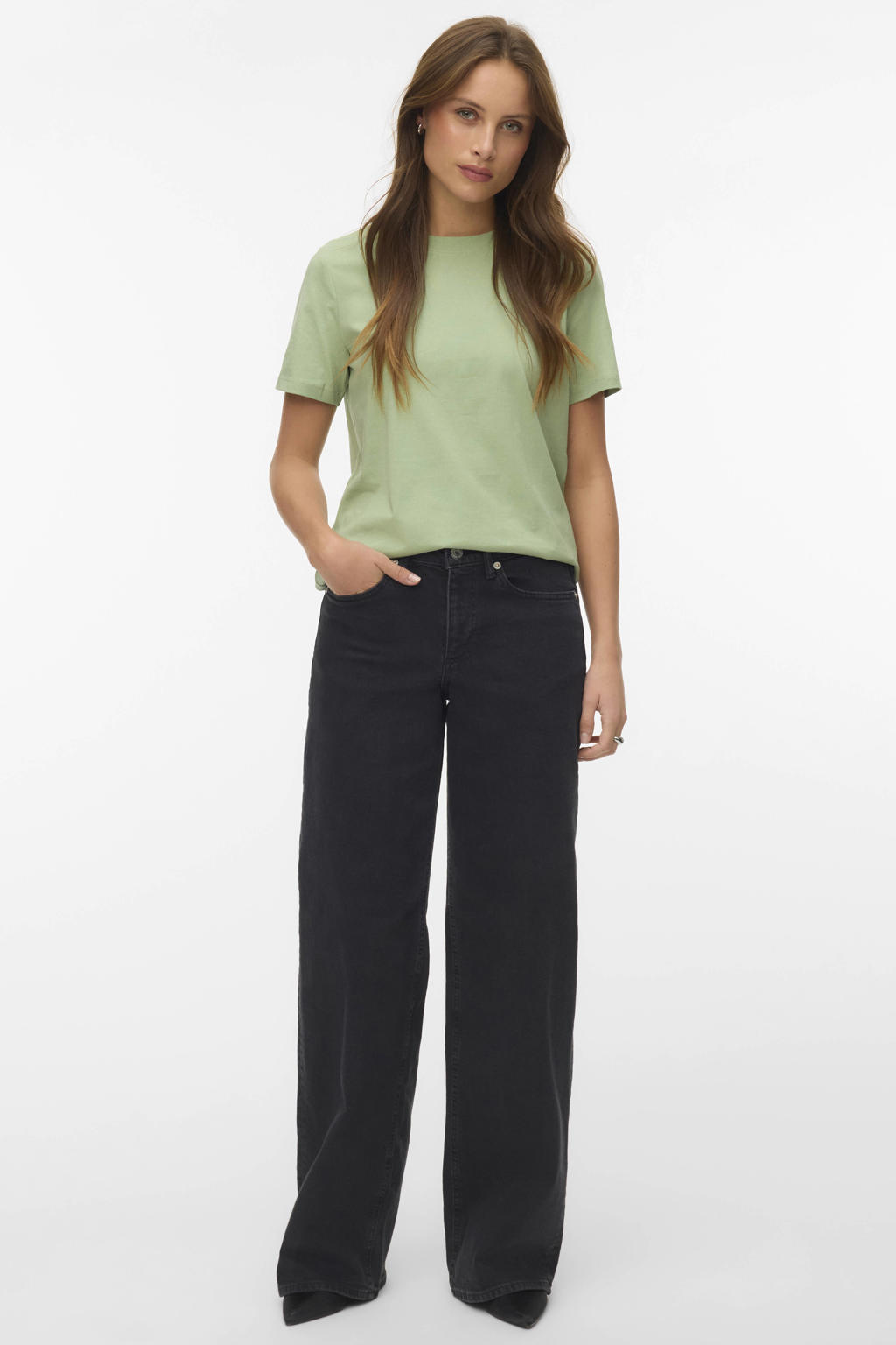 Lichtgroene dames VERO MODA T-shirt van katoen met effen, korte mouwen en ronde hals