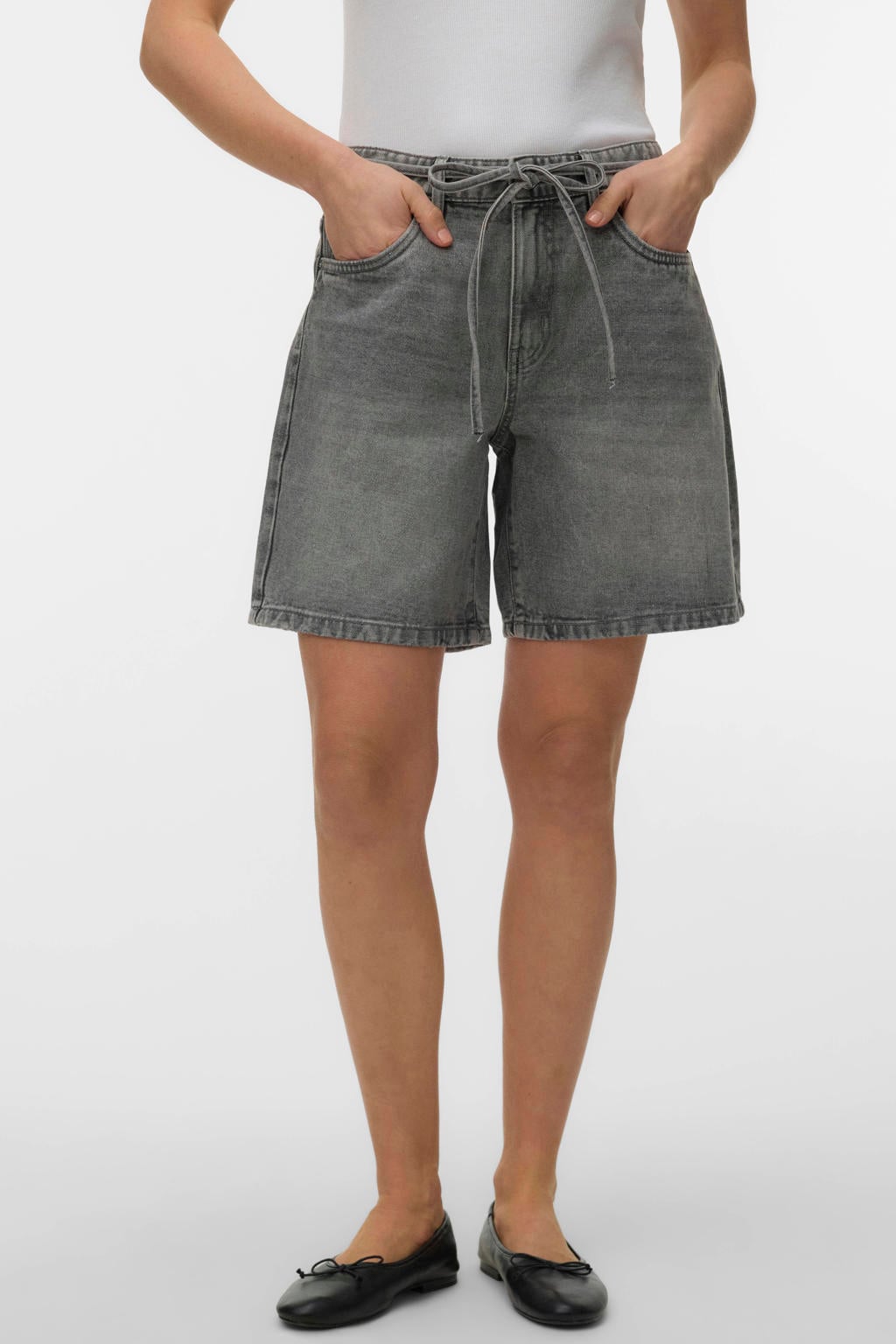 Grey denim dames VERO MODA wide leg regular waist short van denim met rits- en knoopsluiting en effen