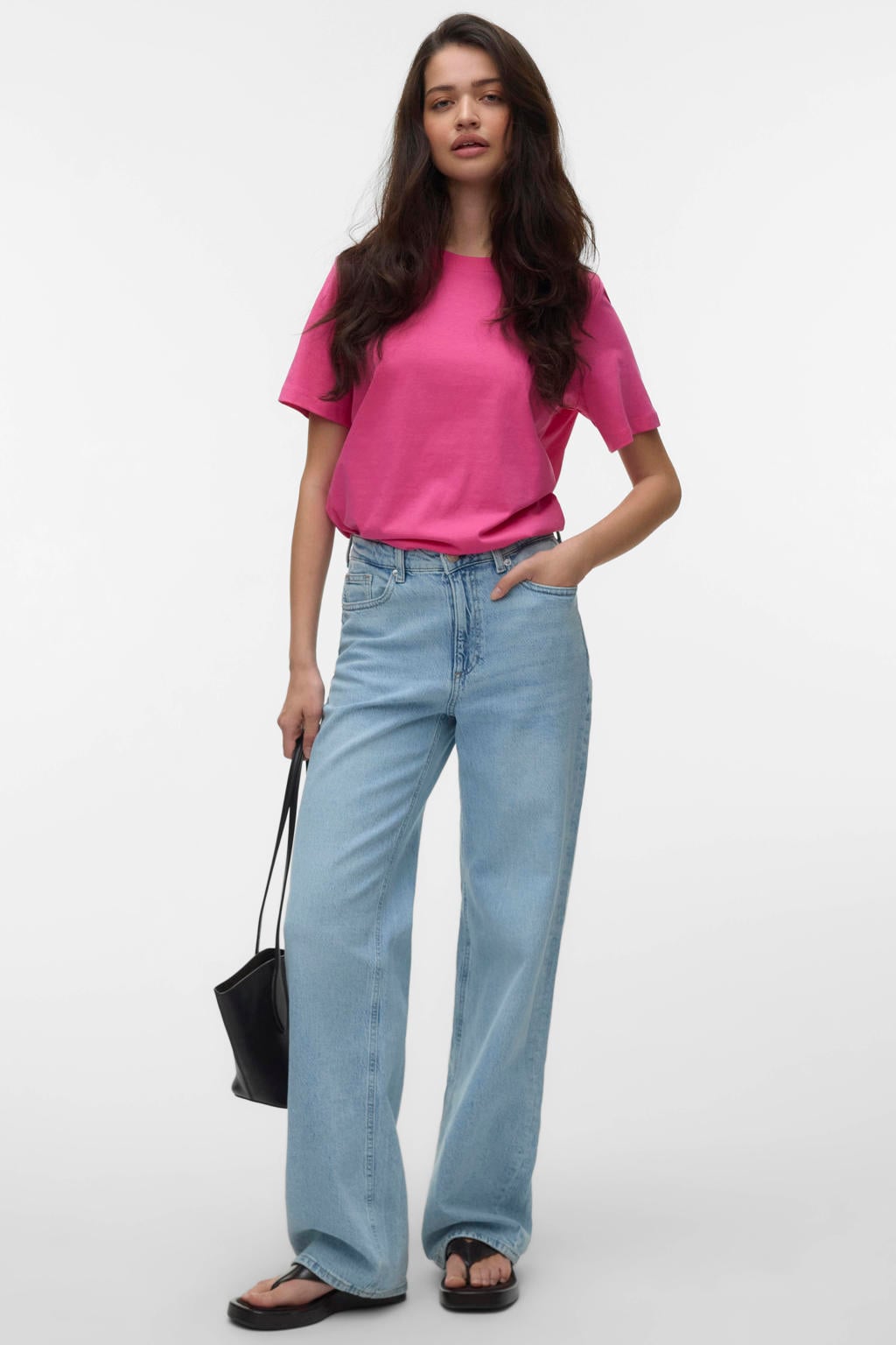 Fuchsia dames VERO MODA T-shirt van katoen met effen, korte mouwen en ronde hals