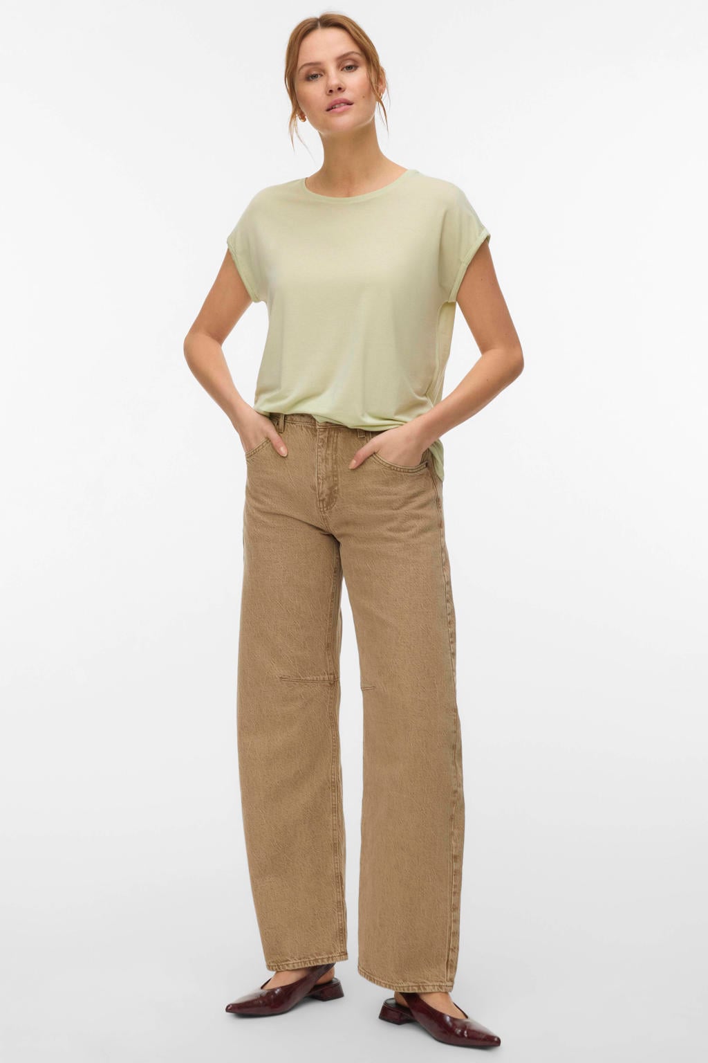 Lichtgroene dames VERO MODA T-shirt van lyocell met effen, korte mouwen en ronde hals