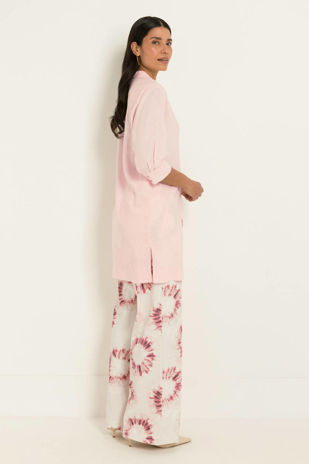 Lichtroze dames CLAUDIA BY CLAUDIA STRÄTER blouse van linnen met effen, lange mouwen, klassieke kraag, knoopsluiting en geweven detail