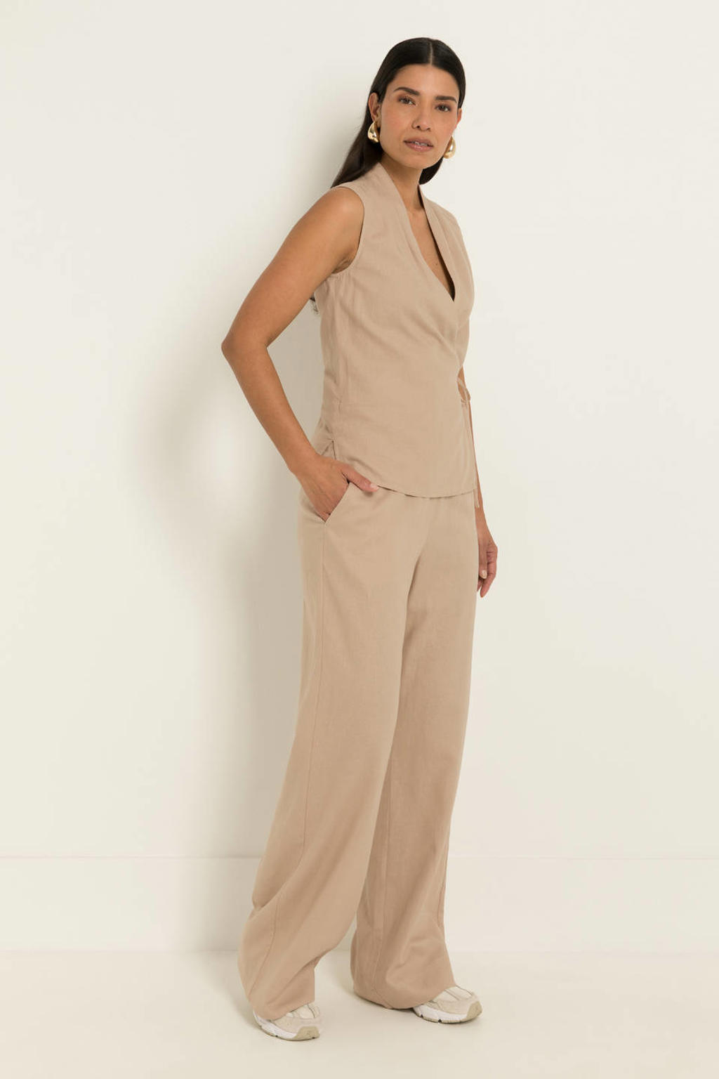 Zandkleurige dames CLAUDIA BY CLAUDIA STRÄTER wide leg fit broek van linnen met effen