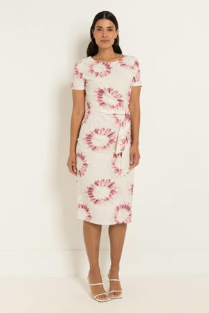 midi jurk met ceintuur en print - ecru