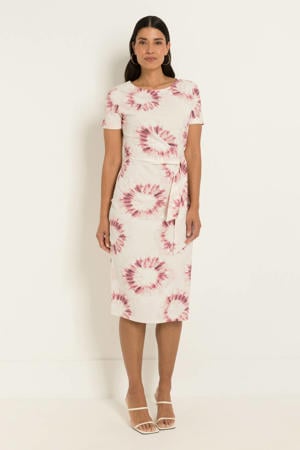 midi jurk met ceintuur en print - ecru