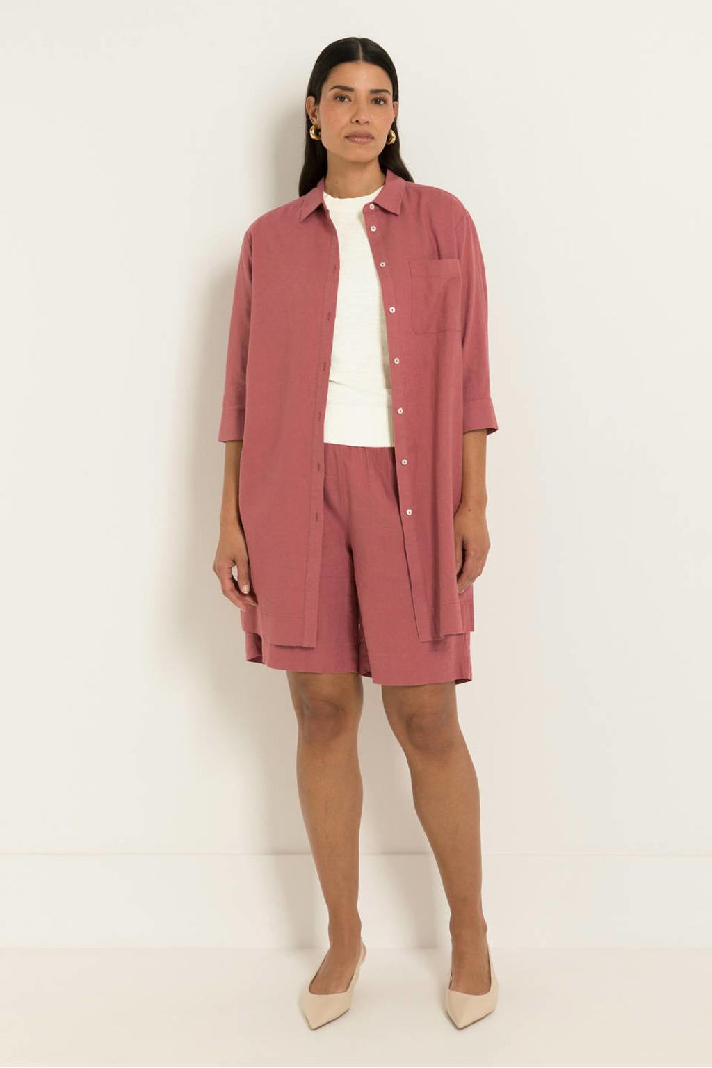 Oudroze dames CLAUDIA BY CLAUDIA STRÄTER straight fit short van linnen met regular waist, elastische tailleband en effen