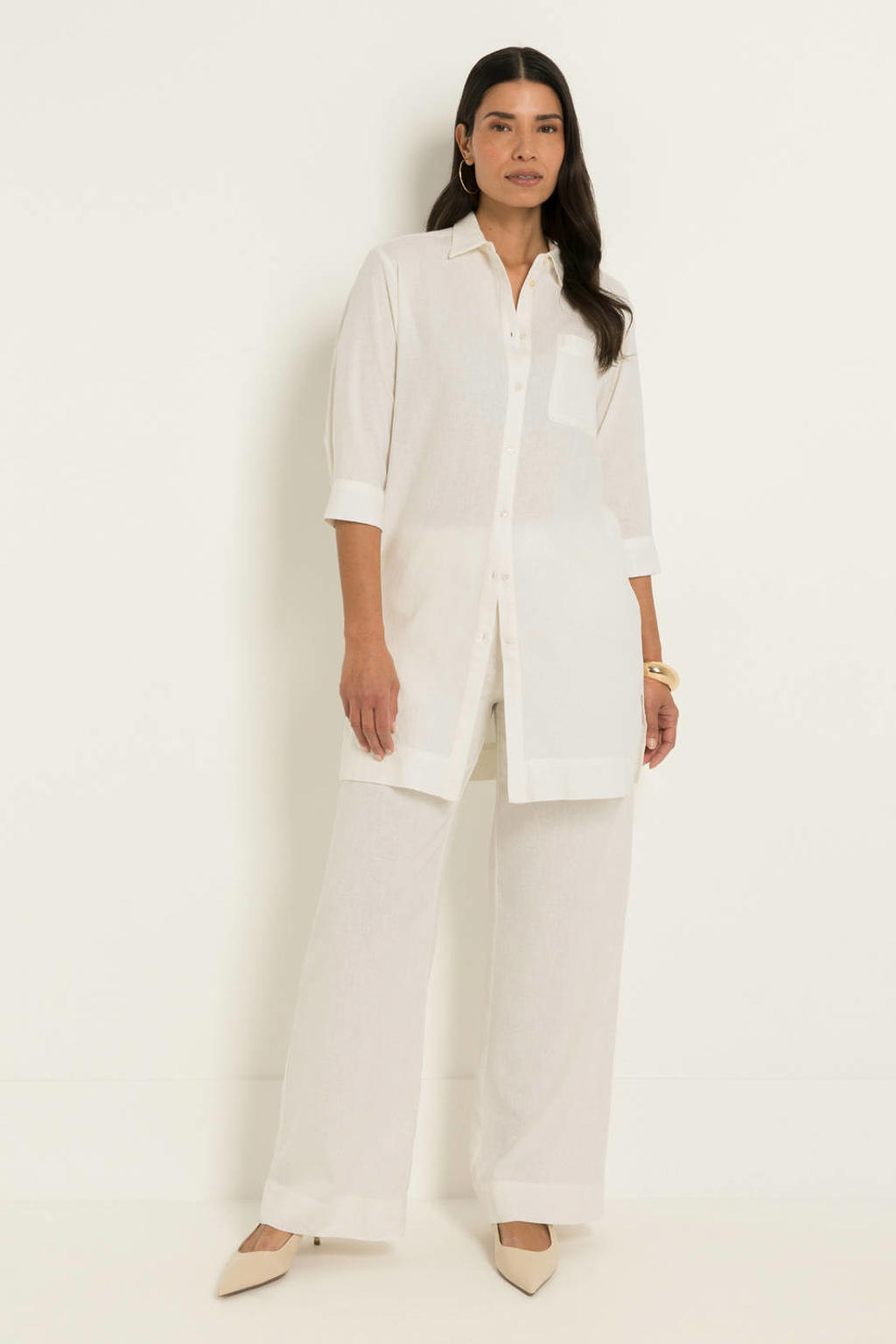 Ecru dames CLAUDIA BY CLAUDIA STRÄTER blouse van linnen met effen, lange mouwen, klassieke kraag, knoopsluiting en geweven detail