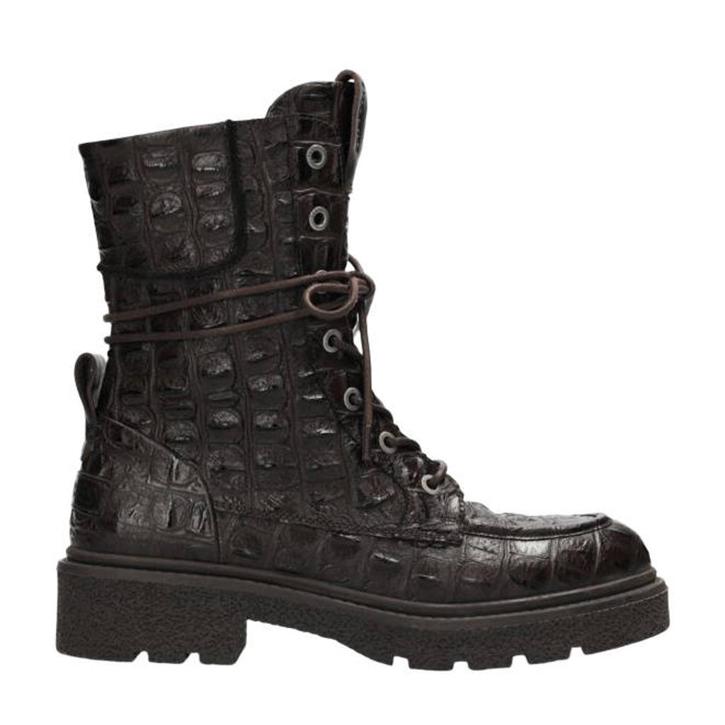 Donkerblauwe dames Shabbies Amsterdam chunky leren veterboots met profielzool en -