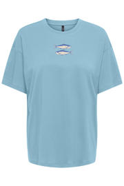 thumbnail: Blauw, groen en ecru dames ONLY T-shirt van katoen met printopdruk, korte mouwen en ronde hals