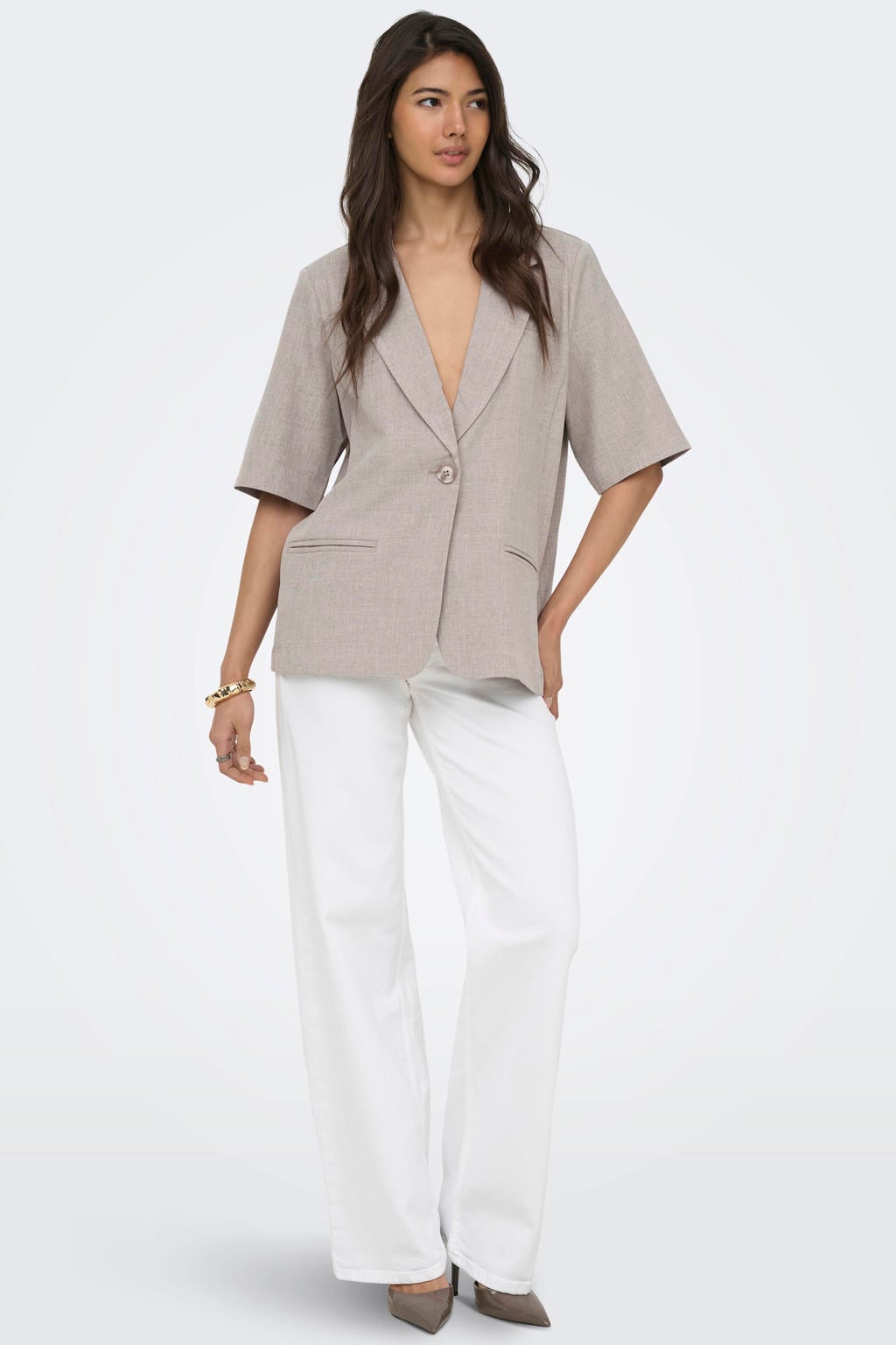 Grijze dames ONLY regular blazer van polyester met effen, korte mouwen, reverskraag en knoopsluiting