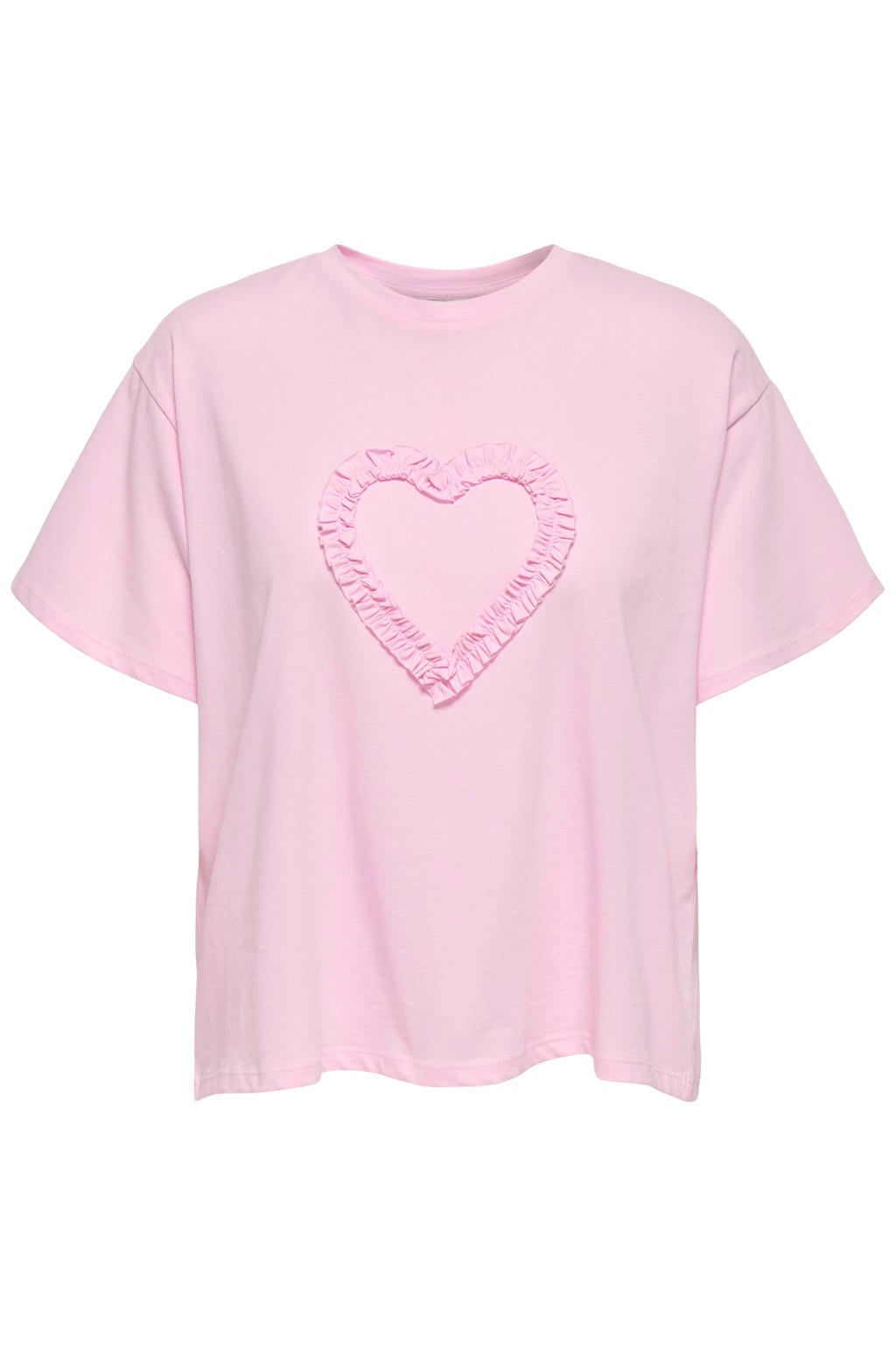 Lichtroze dames ONLY T-shirt van katoen met effen, korte mouwen en ronde hals