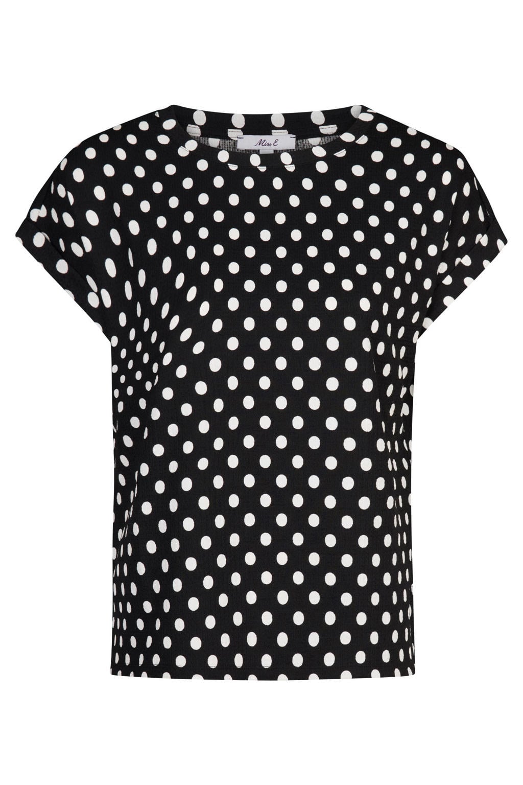 Zwarte dames Miss Etam top van polyester met stippenprint, korte mouwen en ronde hals
