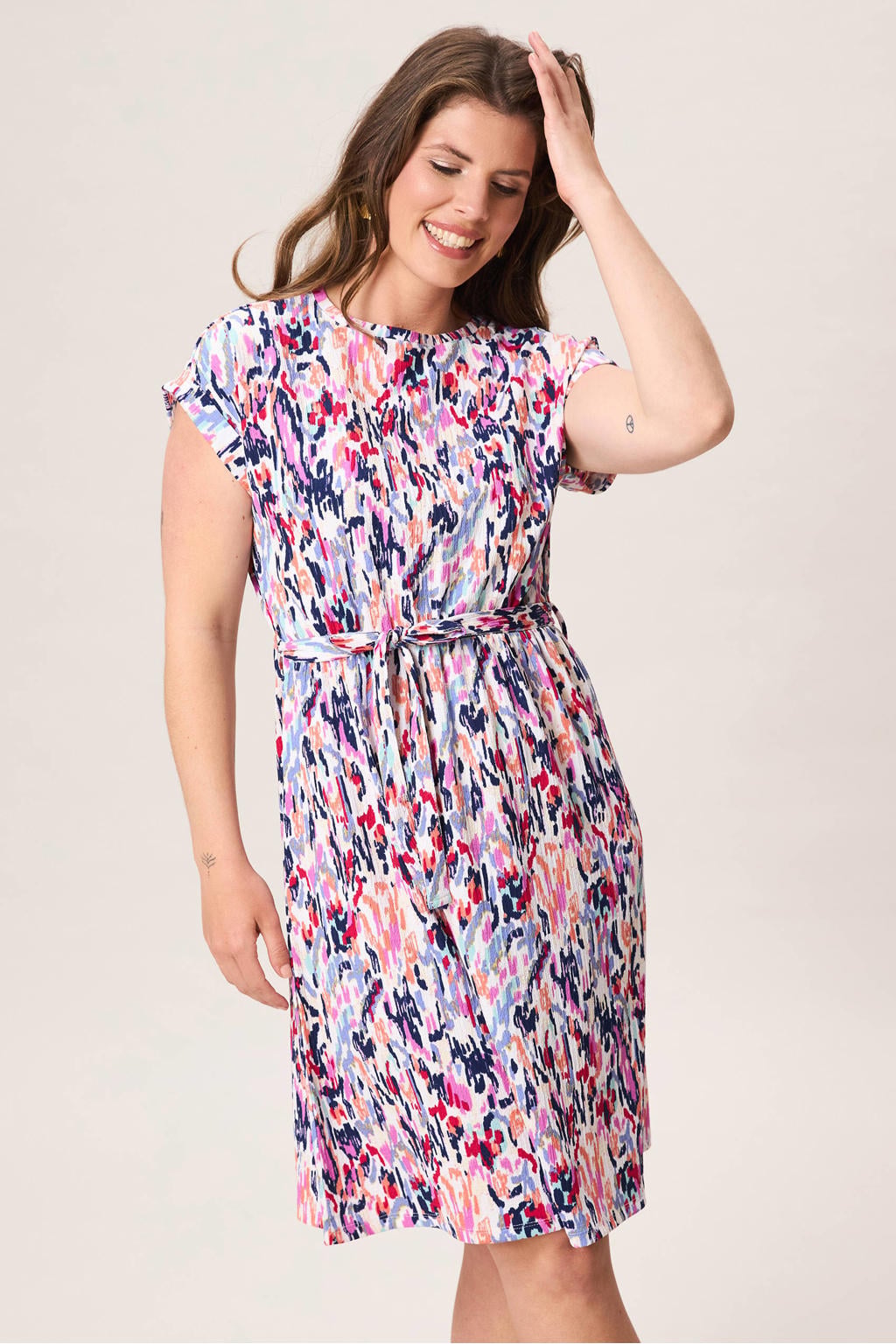 Roze dames Miss Etam zomerjurk van polyester met korte mouwen, ronde hals en ceintuur