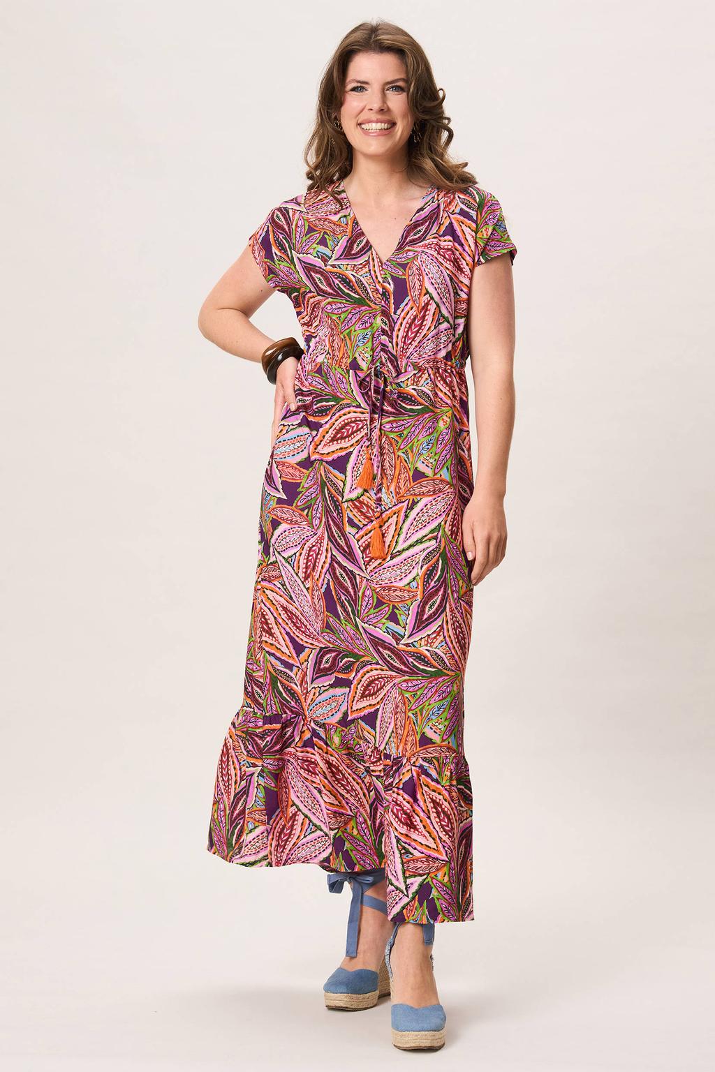 Multikleurige dames Miss Etam midi jurk meerkleurig van viscose met korte mouwen, V-hals en trekkoorden