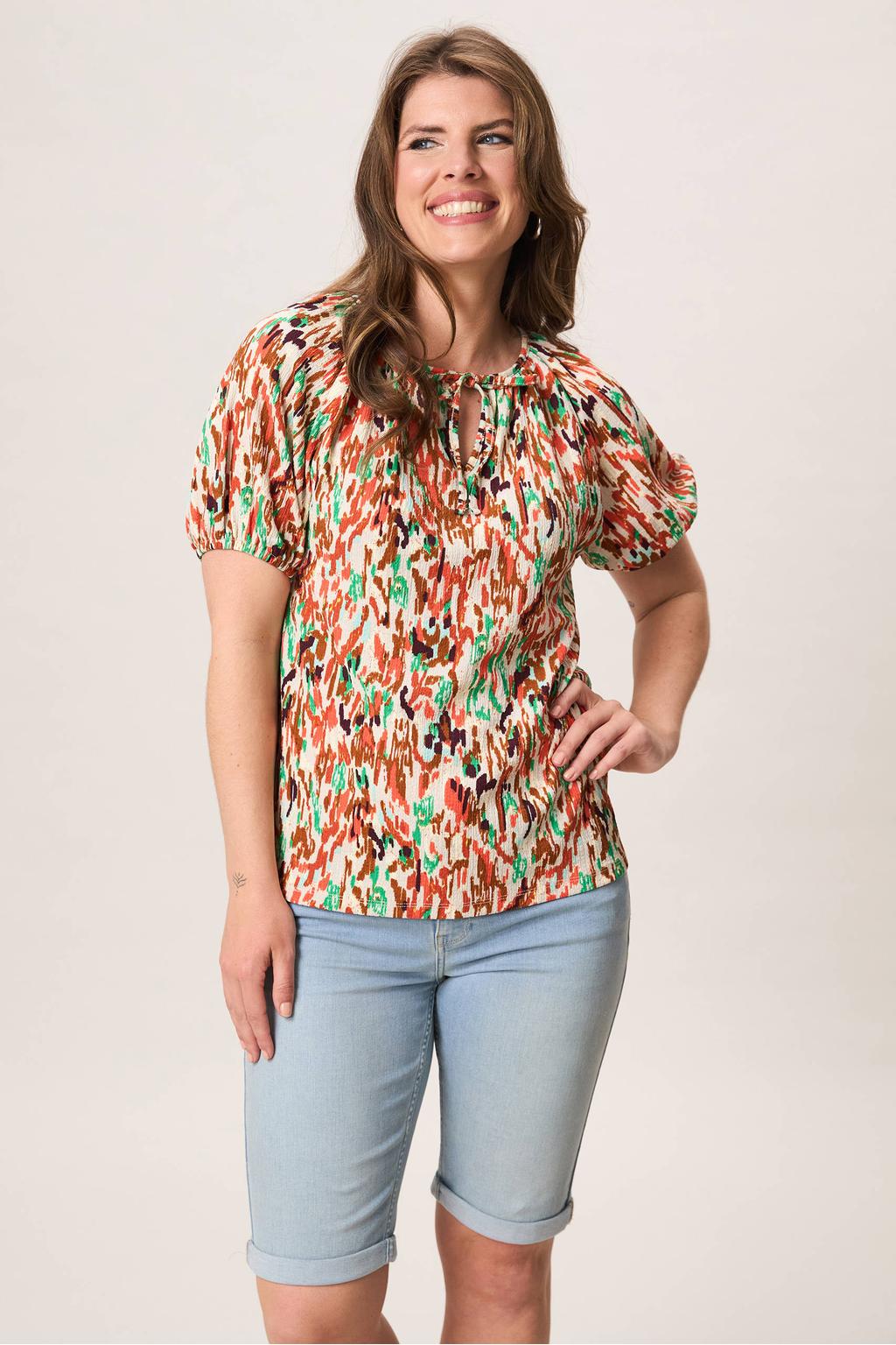 Multikleurige dames Miss Etam top meerkleurig van polyester met korte mouwen en strikkraag