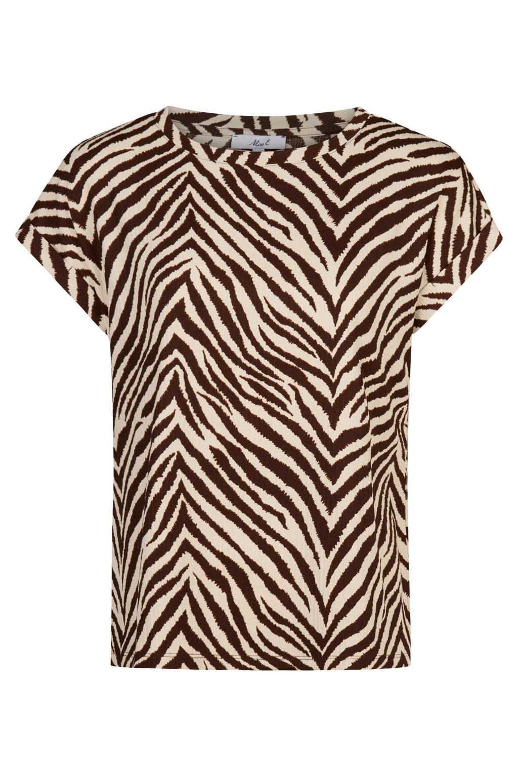 Zandkleurige dames Miss Etam top van polyester met zebraprint, korte mouwen en ronde hals