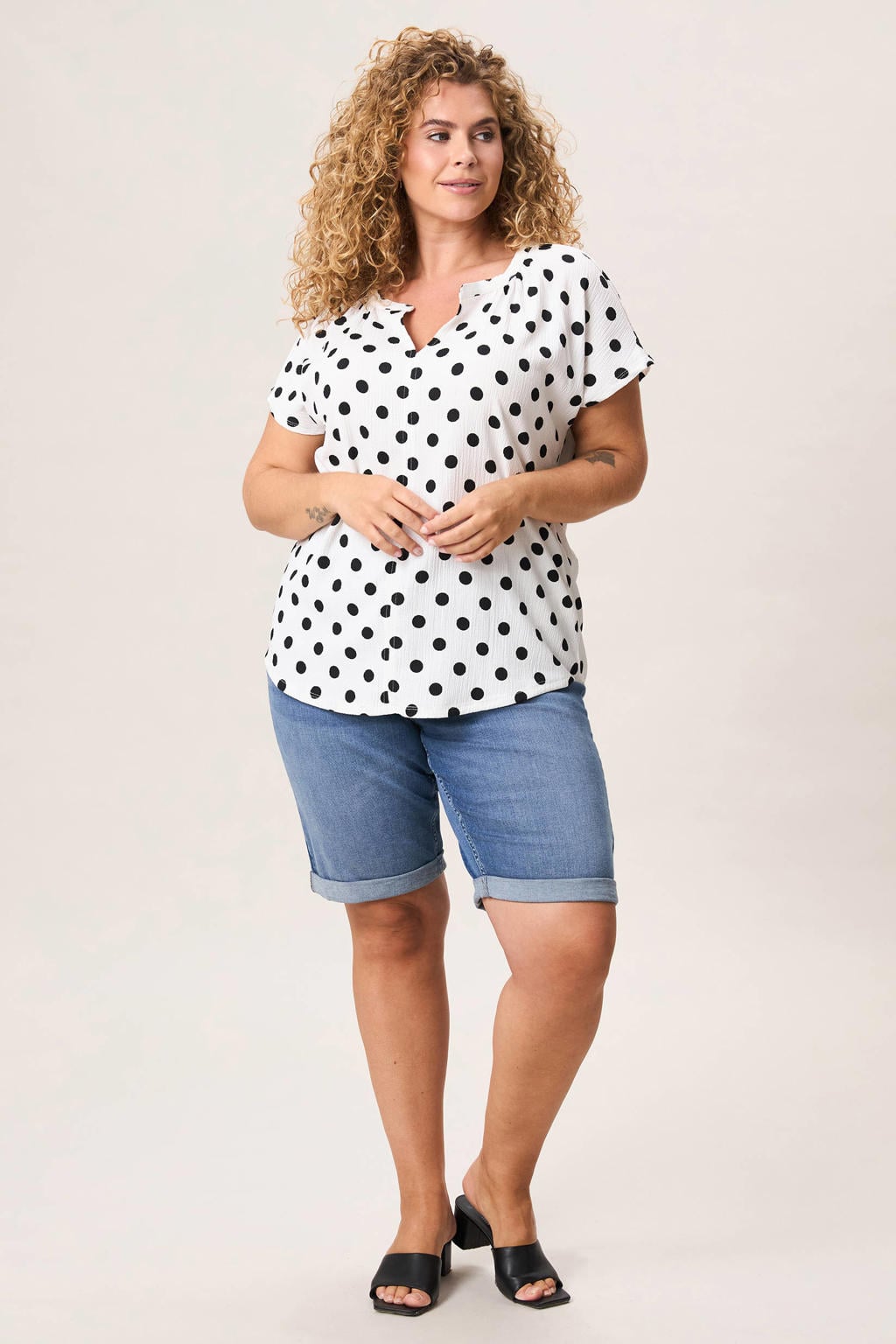 Wit en zwarte dames Miss Etam Plus blousetop en print van polyester met korte mouwen
